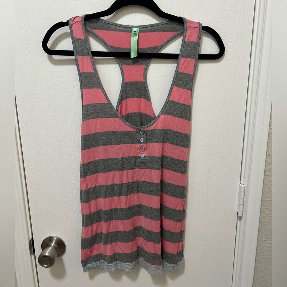 Honeydew Women's Pink & Grey Striped Lace Trim Pajama Tank Top Size Large
